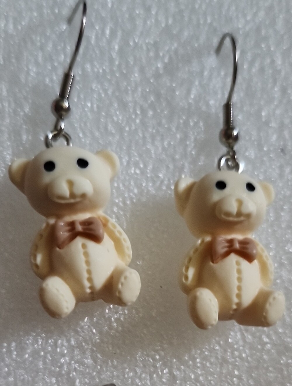 Hand Crafted Cream Teddy Bear Earrings with Brown Bows